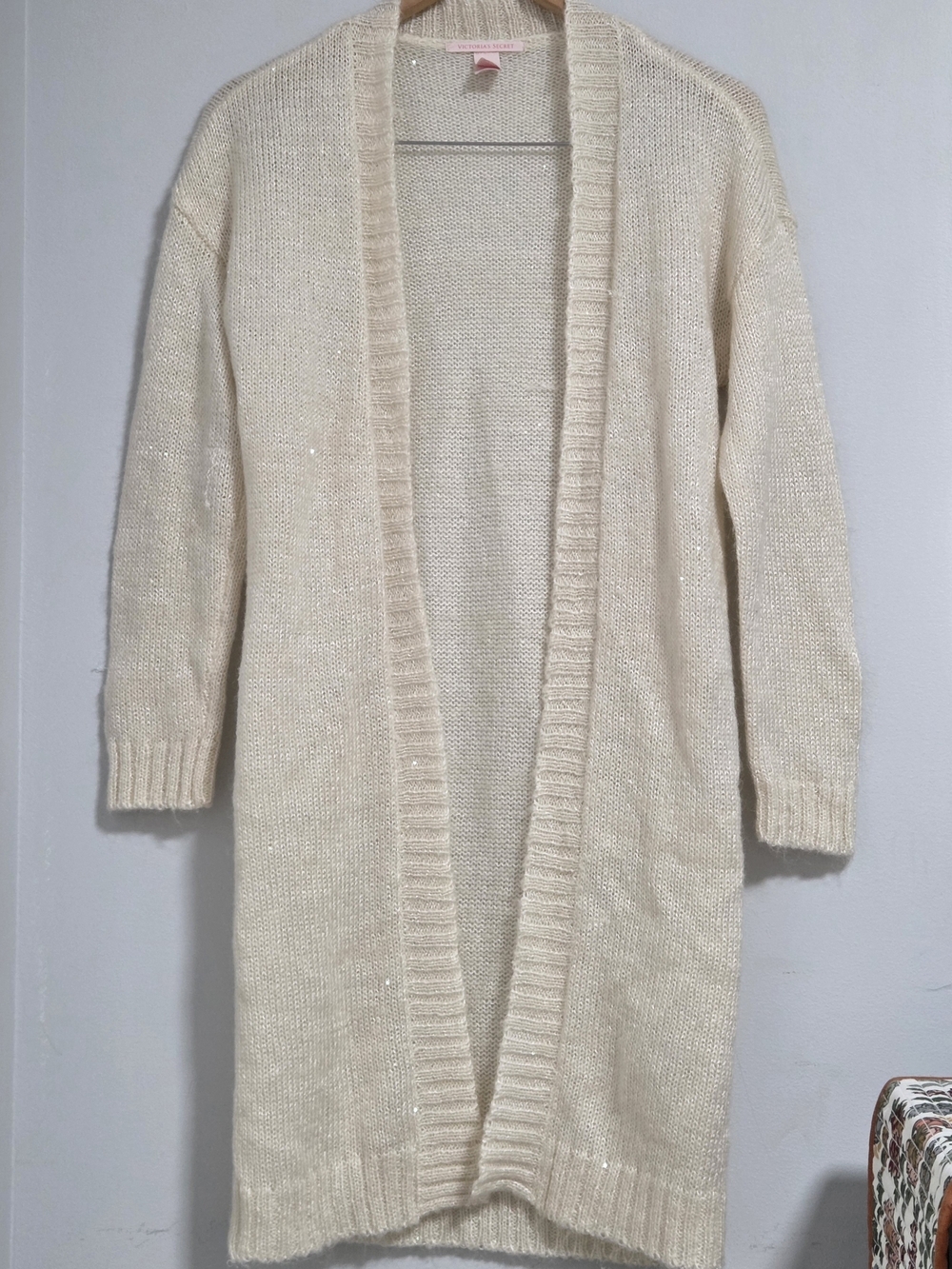 Victoria's Secret Long Open-Front Sequin Shimmer Cardigan in a soft cream o